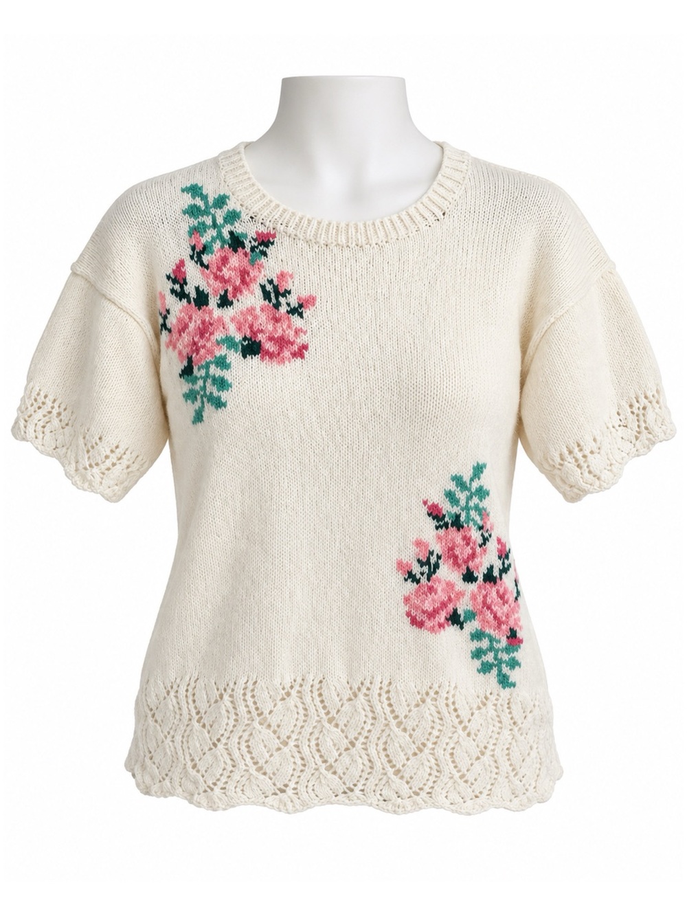 Size L Vintage Handmade Floral Knit Short Sleeve Lace Hem Sweater